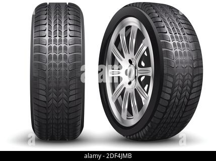 pneu de voiture de course en aluminium vectoriel réaliste ou pneus d'auto en vue avant et latérale. Illustration de Vecteur