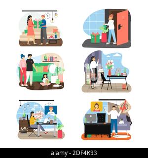 Des gens heureux envoyant et recevant des fleurs, pizza, boîtes-cadeaux, illustration vectorielle plate. Service de livraison de cadeaux en ligne. Illustration de Vecteur