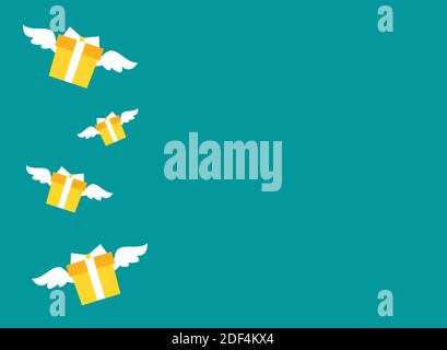 Fond bleu horizontal avec jaune volant présent boxex avec ailes. Signe présent. vecteur plat Illustration. Bon pour le web et le design mobile. Holida Illustration de Vecteur