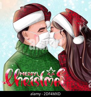 vacances d'hiver, pandémie et concept de santé - couple de bisous dans les chandails portant le visage masque médical de protection pour la protection contre les maladies virales Banque D'Images