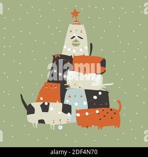 Sapin de chats. Épicéa d'animal de compagnie. Arbre de Noël de chats Illustration de Vecteur