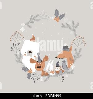 Mignons animaux de dessin animé se rencontreront en vacances dans une couronne d'hiver Illustration de Vecteur