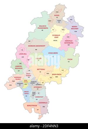 Carte vectorielle du district de Hessian avec plaques d'immatriculation des véhicules, Allemagne Illustration de Vecteur