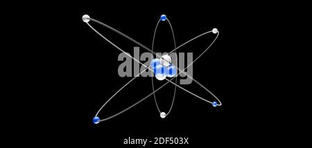 Modèle 3D d'un atome avec noyau, électrons, protons et neutrons en orbite, chemin circulaire, illustration de rendu cgi, fond noir, rendu Banque D'Images