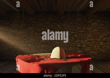 rendu 3d du chapeau albanais et du drapeau albanais table en bois devant le mur en pierre Banque D'Images