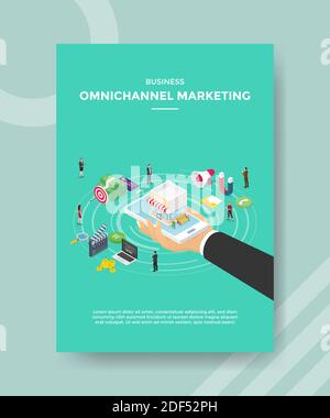 business omni chanel marketing main tenir smartphone magasin à l'écran afficher autour des personnes pour le modèle de circulaire et imprimer la couverture de la bannière plan 3d isométrique Banque D'Images