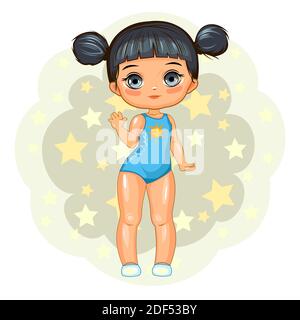 Jolie petite fille en maillot de bain. Joyeux enfant drôle de bonne humeur. L'objet isolé sur un fond blanc. Bébé en vêtements de plage. Dessin animé plat Illustration de Vecteur