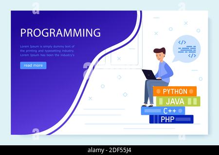Le programmeur est assis sur une pile de livres pensant et travaillant sur l'ordinateur. Le concept d'un programmateur universel. Illustration vectorielle. Illustration de Vecteur