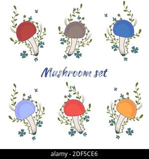 Ensemble de champignons de couleur. De magnifiques champignons multicolores sur fond blanc. Illustration de Vecteur