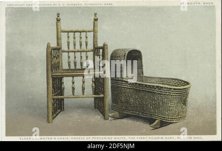 Chaise de Brewster aîné; berceau de Peregrine White, le premier bébé pèlerin, Pilgrim Hall, Plymouth, Mass., image fixe, cartes postales, 1898 - 1931 Banque D'Images