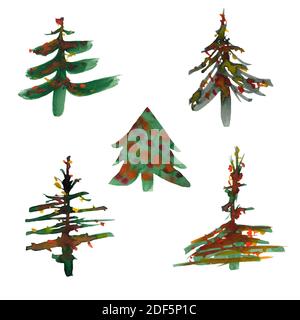 Un ensemble de silhouettes d'arbres de Noël verts décorées d'une guirlande, de lumières jaunes, orange et rouges en aquarelle. Isolé sur un backgro transparent Banque D'Images