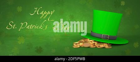 Illustration des fêtes pour la Saint-Patrick. Bannière verte avec un chapeau et des pièces de monnaie, des feuilles de trèfle. Rendu 3D Banque D'Images