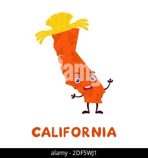 Mignon dessin animé État de Californie personnage clipart. Carte illustrée de l'État de Californie des États-Unis avec le nom de l'État. Motif personnages amusants pour jeux pour enfants, Illustration de Vecteur