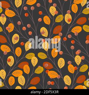 Motif vectoriel d'automne chaud sans couture avec feuilles, baies et branches dessinées à la main. Illustration de Vecteur