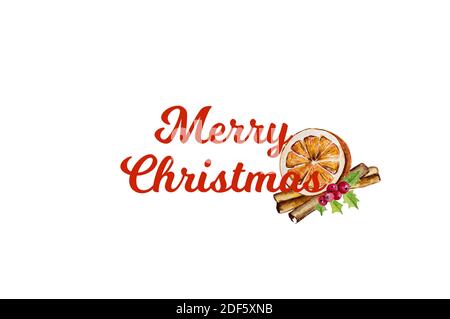 Aquarelle carte de voeux Merry Christmas avec sapin et orange sec. Banque D'Images