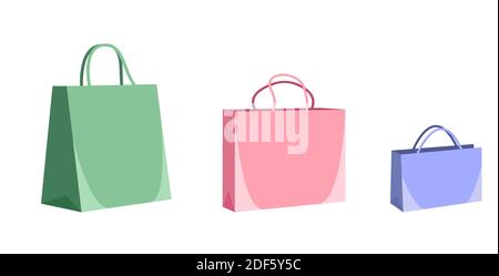Illustration ensemble de sacs à provisions en papier vides colorés isolés en blanc. Illustration vectorielle plate Banque D'Images