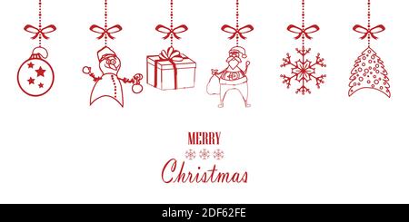 Ensemble de décorations de Noël suspendues sur fond blanc. Bannière, bordure, cadre avec père Noël, bonhomme de neige, boîte-cadeau, sapin, flocon de neige et espace de copie. Vecteur Illustration de Vecteur