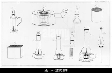 Lampe Davy : lampes de sécurité conçues par Sir Humphry Davy (1778-1829), pour les mineurs, imprimé par James Basire, 1816 Banque D'Images