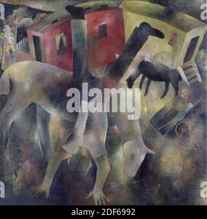 Calèche avec acrobat, peinture, Tinus van Doorn, 1930, toile, peinture à l'huile, peint, porteur: 148 × 148cm 1480 × 1480mm, avec cadre: 153.2 × 153.2 × 4cm 1532 × 1532 × 40mm, animal, calèche, cirque , homme, peinture représentant un cirque. L'illustration montre un chariot de fairground rouge sur la gauche et un chariot de Fairground blanc sur la droite. À la voiture sur la droite se trouve une échelle avec quatre marches. À gauche derrière la voiture rouge se trouve un orgue à canon. Devant les voitures du parc des expositions, il y a une acrobat et deux animaux de cirque paître. L'acrobat, vu de l'arrière, est à l'envers Banque D'Images
