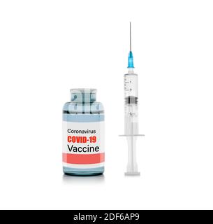 Vaccin Covid-19 avec seringue isolée sur fond blanc. Banque D'Images
