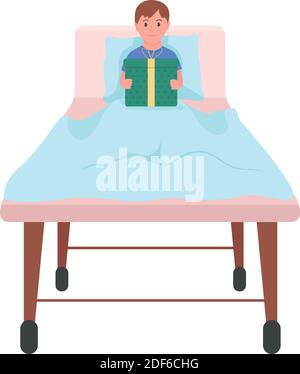 Enfant heureux avec cadeau dans le lit d'hôpital plat couleur vecteur caractère détaillé Illustration de Vecteur