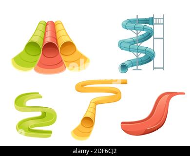 Jeu de toboggans aquatiques pour l'illustration vectorielle plate du parc aquatique isolée sur fond blanc. Illustration de Vecteur