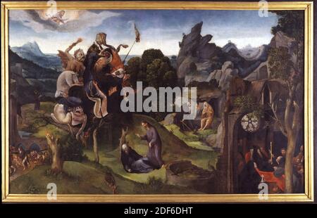 peinture, env. 1530-1535, panneau, peinture à l'huile, peint, général (dimensions selon le catalogue 1983): 66 × 106,5cm (660 × 1065mm), avec cadre: 85.9 × 126.4 × 4, 2cm (859 × 1264 × 42mm), saint, diable, paysage, oiseau, christ, pièce de genre représentant une écurie avec des vaches. Dans un stand stable et se trouvent huit vaches sur la gauche, dont une femme de ménage laitera la première. Elle tient un seau par la poignée de sa main gauche. Sur la droite se trouve une cheminée, devant laquelle deux fumeurs sont assis, parlant à la femme d'un agriculteur qui se tient près du feu avec son enfant sur le bras. Verrerie et vaisselle Banque D'Images