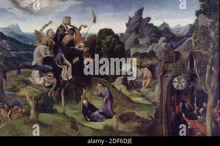 peinture, env. 1530-1535, panneau, peinture à l'huile, peint, général (dimensions selon le catalogue 1983): 66 × 106,5cm (660 × 1065mm), avec cadre: 85.9 × 126.4 × 4, 2cm (859 × 1264 × 42mm), saint, diable, paysage, oiseau, christ, pièce de genre représentant une écurie avec des vaches. Dans un stand stable et se trouvent huit vaches sur la gauche, dont une femme de ménage laitera la première. Elle tient un seau par la poignée de sa main gauche. Sur la droite se trouve une cheminée, devant laquelle deux fumeurs sont assis, parlant à la femme d'un agriculteur qui se tient près du feu avec son enfant sur le bras. Verrerie et vaisselle Banque D'Images