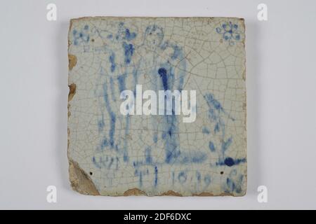 Carreau de mur, Anonyme, deuxième moitié du XVIIe siècle, glaçure d'étain, faïence, général : 12.8 x 12.8 x 1,2cm (128 x 128 x 12mm), fleur, oiseau, femme, homme, pays-Bas du nord, carreau de mur de faïence recouvert de glaçure d'étain et peint en bleu. La tuile montre un homme debout et une femme à côté d'une grande fleur avec un oiseau en elle. Sous l'image, les lettres WI et TI et la date 16 [3] 9 sont peintes. Les performances se sont quelque peu détournées. Le couple est apparemment engagé, l'oiseau est probablement le symbole de l'amour. La tuile a une araignée comme un motif de coin, 1985 Banque D'Images