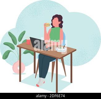 Femme mangeant au bureau d'ordinateur plat couleur vecteur sans visage caractère Illustration de Vecteur