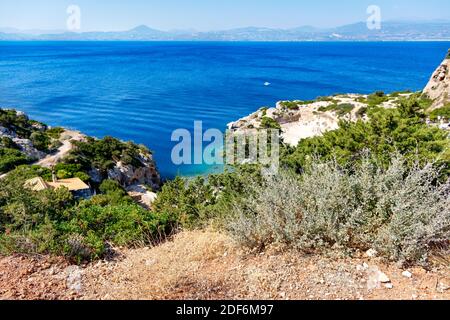 Un arbuste épineux pousse sur la pente du golfe de Corinthe, sur fond de lagon bleu sur la côte. Banque D'Images