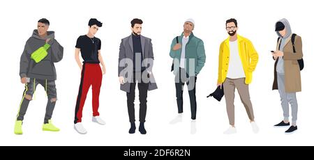 Ensemble d'hommes vêtus de vêtements tendance - mode style urbain Illustration de Vecteur