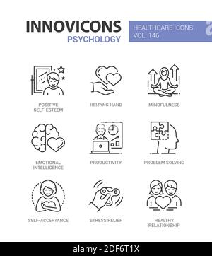 Psychologie concept - jeu d'icônes de style de conception de ligne. Santé mentale et développement personnel. Estime de soi positive, intelligence émotionnelle. Produit Illustration de Vecteur