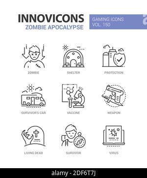 Zombie apocalypse - ensemble d'icônes de style moderne. Idée de jeu et de fiction. Abri, protection, survivant, voiture, vaccin, arme, vivant mort, vir Illustration de Vecteur