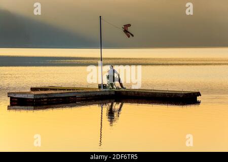 Un pêcheur presque réaliste se trouve sur le plateau en bois et regarde sur le Dieksee, Malente, Allemagne. L'oiseau Banque D'Images