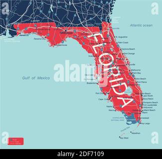 Carte modifiable détaillée de l'État de Floride avec villes et villes, sites géographiques, routes, chemins de fer, autoroutes et autoroutes américaines. Fichier vectoriel EPS-10, Illustration de Vecteur
