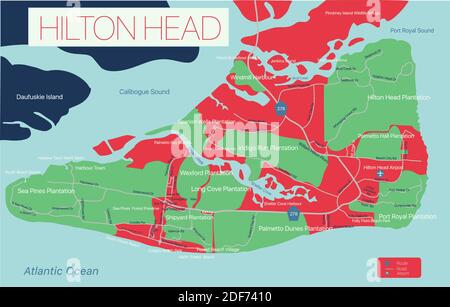 Hilton Head carte modifiable détaillée avec, sites géographiques, routes et rues. Fichier vectoriel EPS-10, schéma de couleurs tendance Illustration de Vecteur