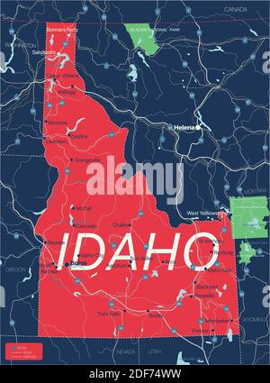 Carte modifiable détaillée de l'État de l'Idaho avec villes, sites géographiques, routes, chemins de fer, autoroutes et autoroutes américaines. Fichier vectoriel EPS-10, tr Illustration de Vecteur