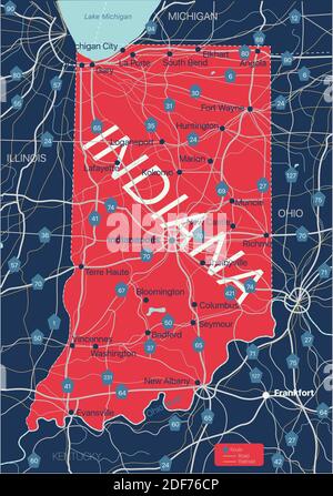 Carte modifiable détaillée de l'État de l'Indiana avec villes et villes, sites géographiques, routes, chemins de fer, autoroutes et autoroutes américaines. Fichier vectoriel EPS-10, Illustration de Vecteur