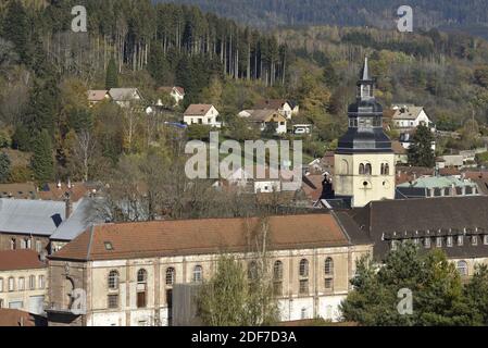 France, Vosges, Senones, ville, abbaye, église abbatiale Saint Gondelbert du XIXe siècle, tour du XIIe siècle Banque D'Images