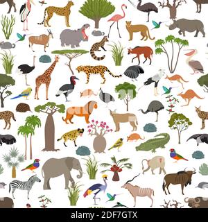 Savane arborée et biome de savane herbeuse, région naturelle sans couture. Savane des bois et des prairies, prarie, pampa. Animaux, oiseaux et végétations Illustration de Vecteur