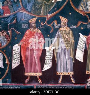 Le monastère Bachkovo de la Dormition de Theotokos, peintures murales de philosophes grecs anciens dans la salle à manger, Trapezaria, Balkans, Bulgarie Banque D'Images