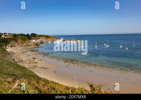 France, Morbihan, Houat, la plage, le village et le port, (vue aérienne) Banque D'Images