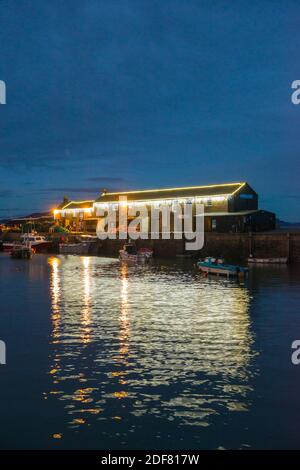 Lyme Regis, Dorset, Royaume-Uni. 3 décembre 2020. Météo Royaume-Uni. Les lumières de Noël festives sur l'aquarium marin au port de Cobb à Lyme Regis à Dorset se reflètent dans l'eau au crépuscule. Crédit photo : Graham Hunt/Alamy Live News Banque D'Images