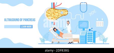 Échographie du pancréas les médecins examinent, traitent la pancréatite. Stéthoscope, calendrier sur fond bleu. Concept plat de soins de santé pour la page d'arrivée, W Illustration de Vecteur