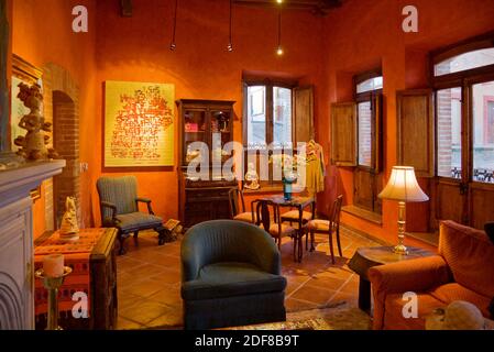 SALON à l'hôtel POSADA DE LAS MINAS dans la ville fantôme de MINERAL DE POZOS - GUANAJUATO, MEXIQUE Banque D'Images