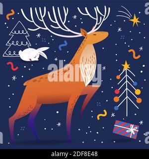 Bannière des réseaux sociaux du nouvel an avec un adorable cerf Illustration de Vecteur