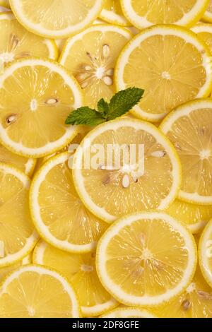 Un cliché vertical de tranches de citron frais et de menthe feuilles Banque D'Images