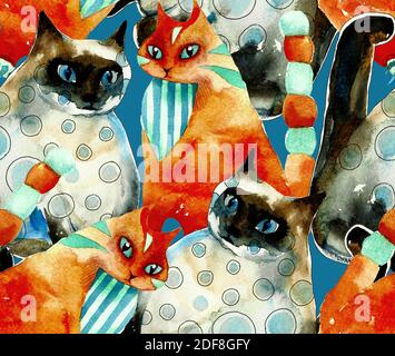 Motif chats rouge et bleu sans couture tiré à la main d'une aquarelle originale sur fond bleu. Style de dessin animé et couleurs vives. Banque D'Images