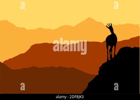 Un chamois se dresse au sommet d'une colline avec des montagnes en arrière-plan. Silhouette noire avec fond marron et orange. Illustration vectorielle. Illustration de Vecteur